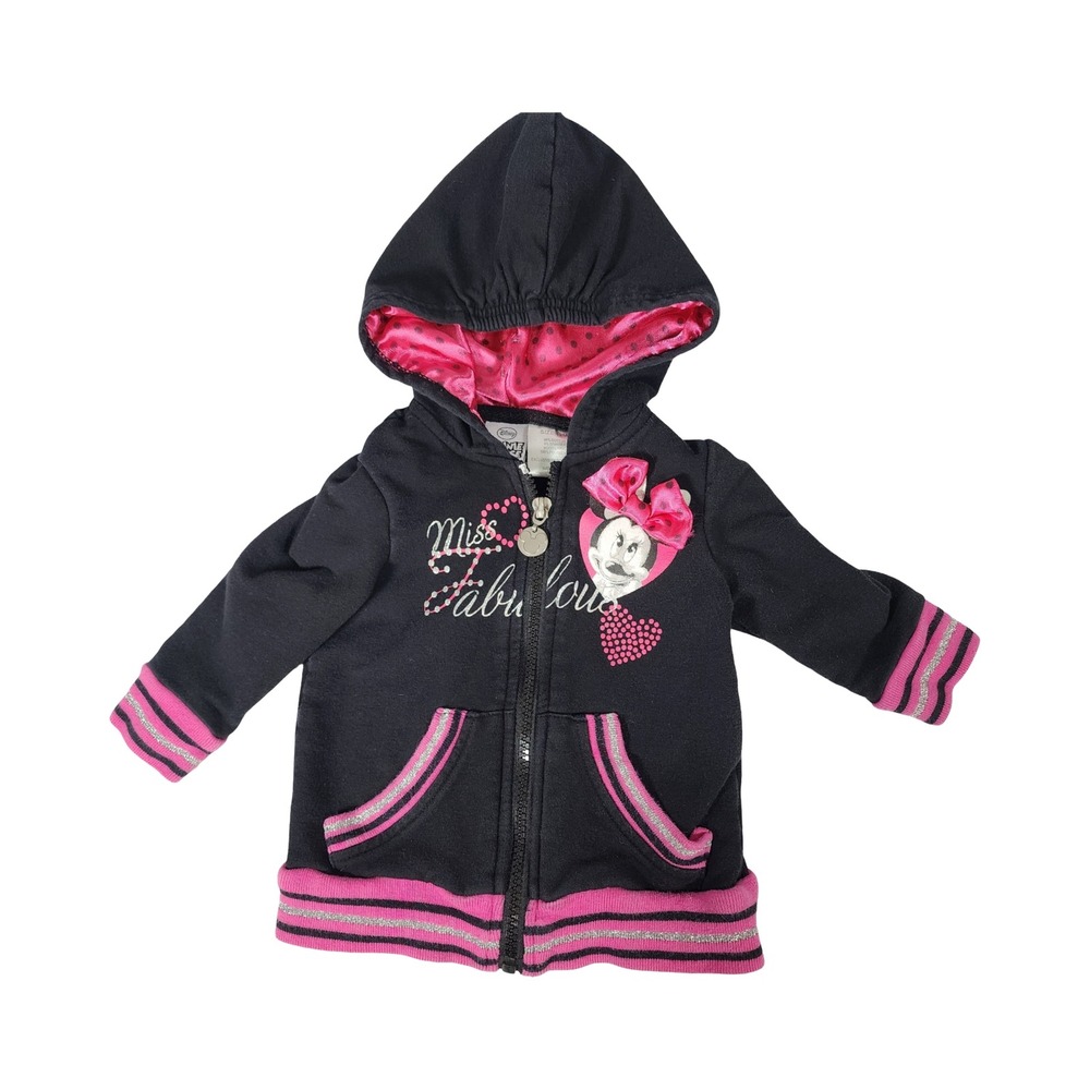 Disney Minnie Mouse Girls Black Pink Miss Fabulous Zip Up Hoodie Sweatshirt‎ 12M